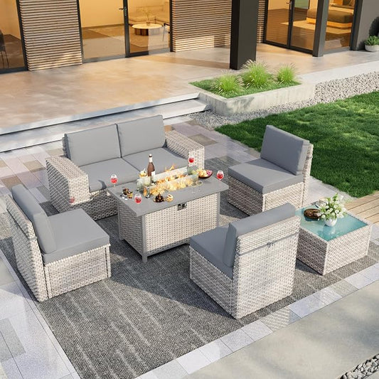 7-Piece Outdoor Patio Furniture Set, Rattan Wicker Conversation Set with Wide Armrests, Outdoor Modular Sectional Couch Seating Group Sofa with Fire Pit for Deck Garden Porch (Gray Cushions)