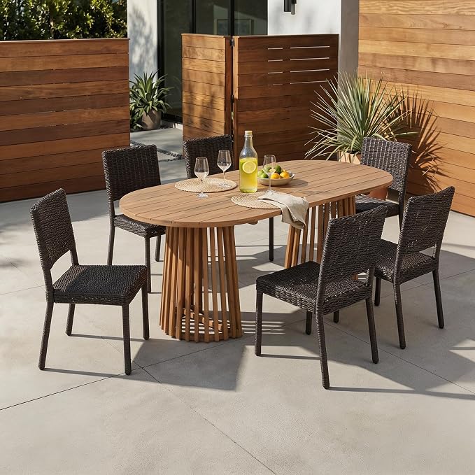Christopher Knight Home Farley Acacia Wood Outdoor Dining Set for 6, 7 Piece Patio Dining Table and Chair Set, Faux Rattan Outdoor Dining Chair and Table Set, Brown
