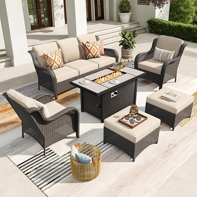 ovios 6-Pieces Patio Furniture Set with 42 Inch Fire Pit Table, Outdoor Wicker Sofa Couch Ottomans Comfy Cushions, High Back Modern Conversation Set, Brown Rattan, Beige