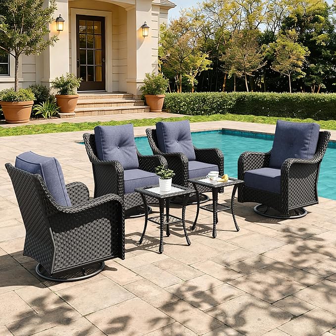 6 Pieces Outdoor Furniture Set with 6-inch Cushions, High Back Wicker Swivel Rocker Chairs with Coffee Table, Luxury Conversation Set for Deck Patio and Poolside