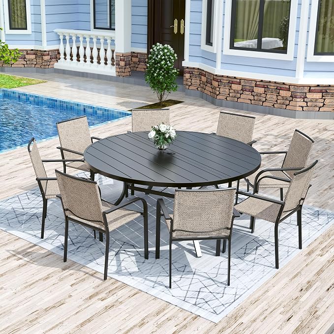 Anmutig 58" Outdoor Patio Round Dining Table, Large Metal Slatted Round Tabletop with Adjustable Umbrella Hole for Deck Lawn Garden Backyard Balcony Deck, Black