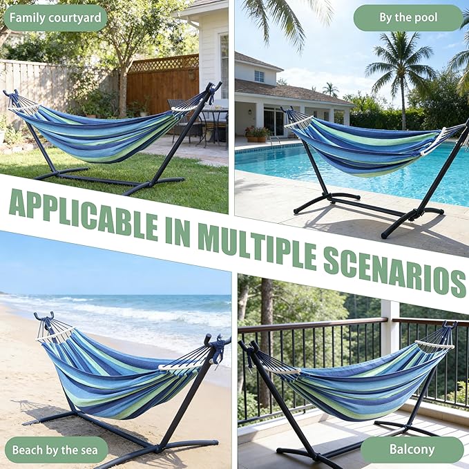 Double Hammock with Freestanding Steel Stand, Portable & Easy Setup, 550lb Capacity Heavy Duty for Patio, Garden,Backyard, Camping, Indoor & Outdoor - Includes Carry Bag (Blue Stripe)