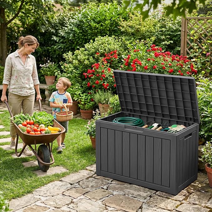 DRATO 50 Gallon Outdoor Storage Box Waterproof, Lockable Resin Deck Box for Patio Furniture, Pool Supplies & Garden Tools, Weatherproof Outside Storage Bin for Backyard Porch (Black, 50 Gallon)