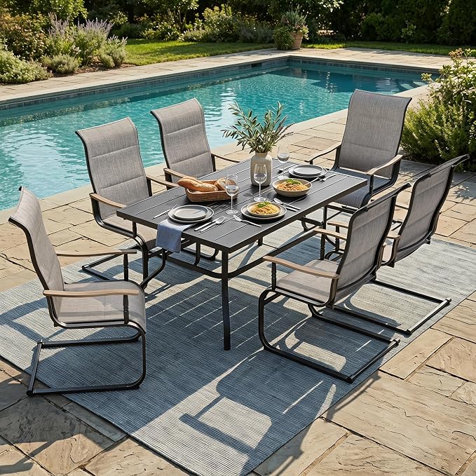 NUU GARDEN 7-Piece Patio Table and Chair Set, Grayish Brown Spring Chairs | All-weather dining table with umbrella hole, 6 padded textilene C-spring motion chairs with wood-grain armrests