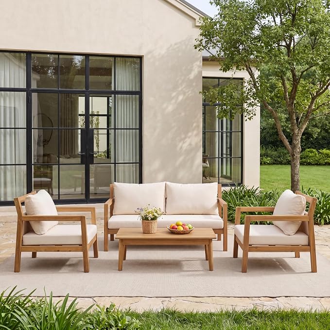 Christopher Knight Home Pablo 4-Seater Patio Furniture Set with Removable Cushion, 4 Piece Outdoor Acacia Wood Conversation Set, Wooden Outdoor Sectional Sofa Set with Coffee Table,Light Teak+Beige