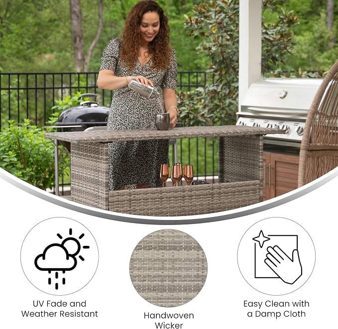 Flash Furniture Marco Indoor/Outdoor Patio Bar Counter Table, All-Weather Wicker Rattan Pattern, 2 Shelves, Gray