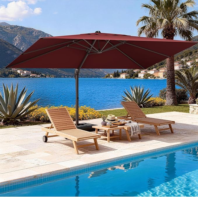 9' X 12' Cantilever Patio Umbrella Rectangle Outdoor Umbrella with Base Included, 6-Level Tilt & 360° Rotation Offset Umbrella for Garden, Deck, Pool (Red)