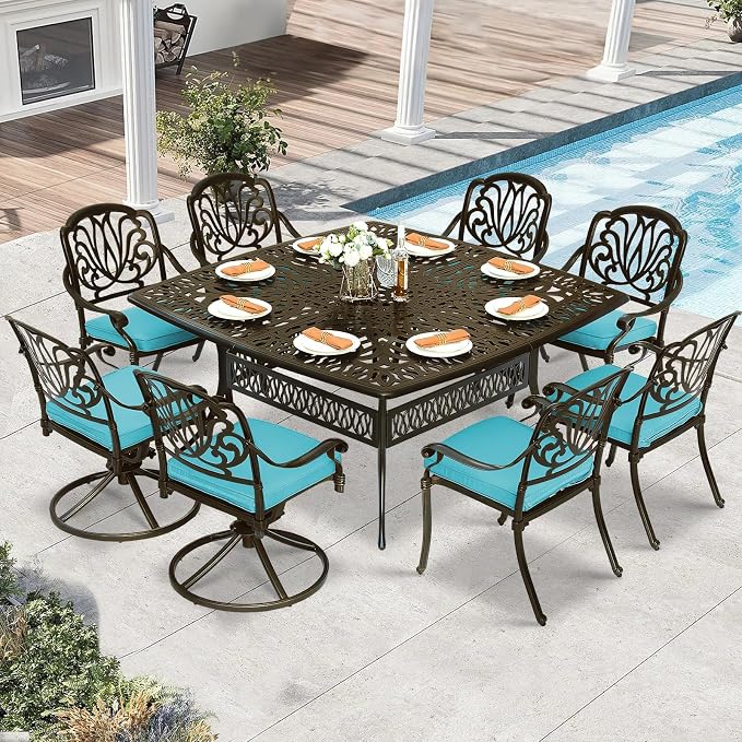 9 Piece Outdoor Patio Dining Set for 8, Cast Aluminium Large Square Dining Table & 2 Swivel Rocker Chairs, 6 Stationary, 8 Cushions, Umbrella Hole, Patio Furniture Set for Garden, Ocean Blue
