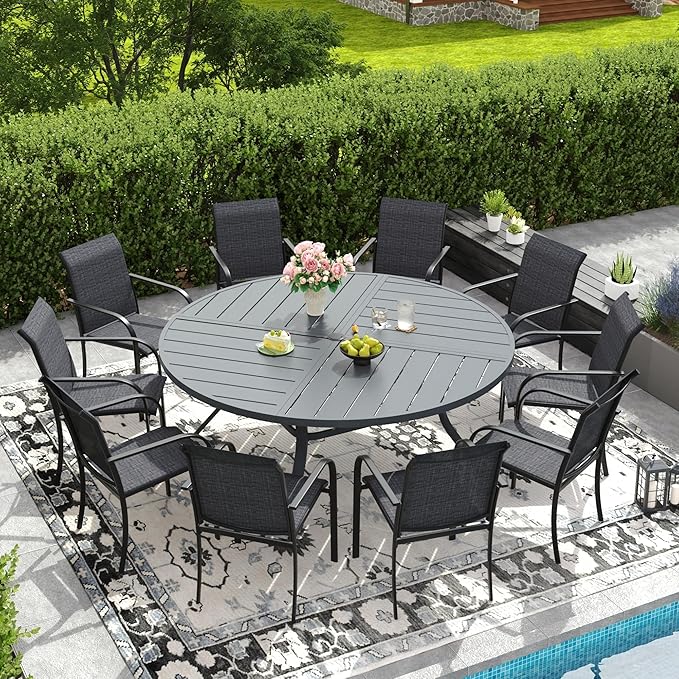 DIFY 11 Pieces Outdoor Patio Dining Set for 10, 63" Round Metal Patio Table and 10 Stackable Textilene Patio Chairs, Outdoor Table and Chairs for Backyard Garden Poolside, Grey