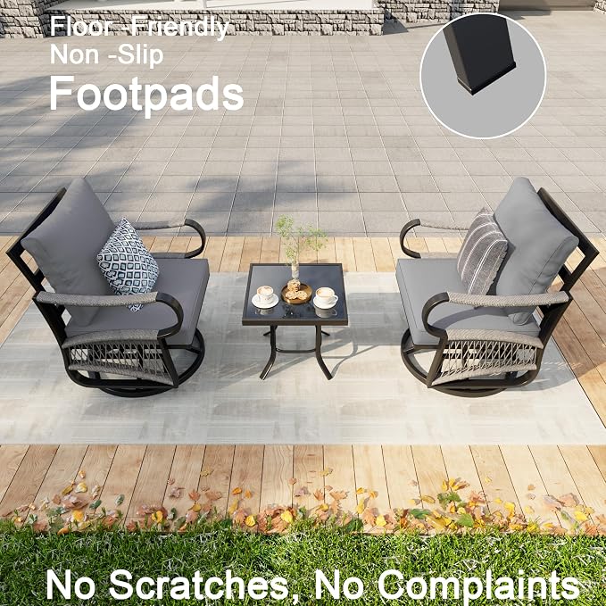 3 Pieces Glider Rocking Chairs, Outdoor Swivel Rocker Chairs with Thick Cushion, Patio Bistro Furniture Set with Side Table, Rope Conversation Sets for Porch Balcony Backyard Deck, Gray Cushions
