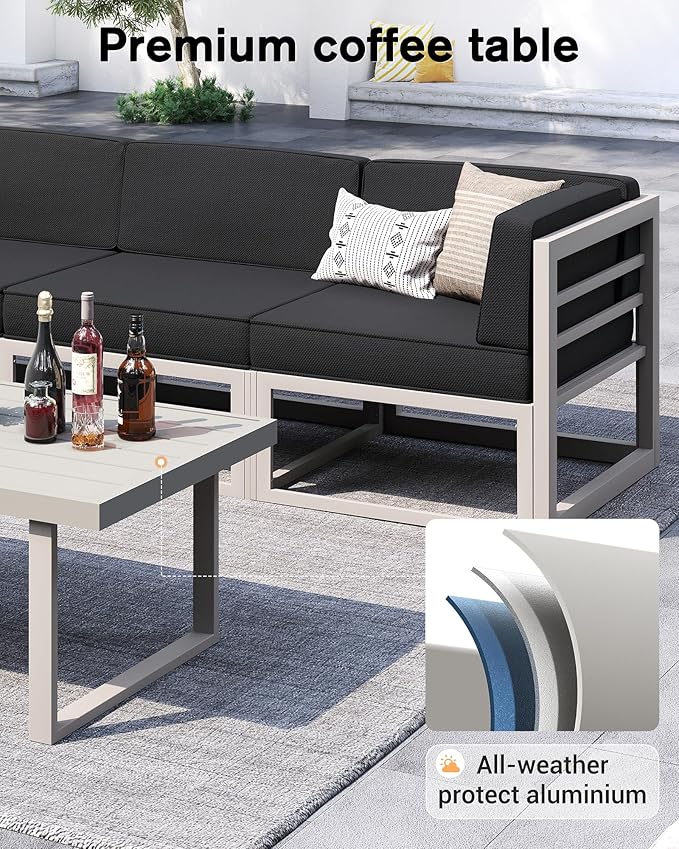 UDPATIO Aluminum Patio Furniture Set, Modular Oversized Outdoor Sectional of Olefin 5 inch Thick Cushion, Coffee Table and Waterproof Cover, Patio Conversation Sets for Porch, Deck