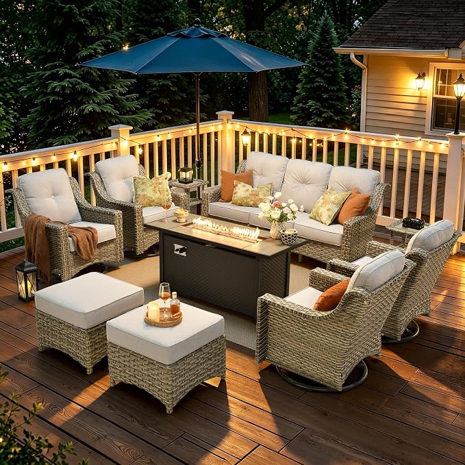 10 Piece Patio Furniture Set with Fire Pit Table, Outdoor Wicker High Back Sofa and Swivel Rocker Chairs Set of 4 with Ottoman, Large Conversation Sets for Backyard Deck Garden, Grey