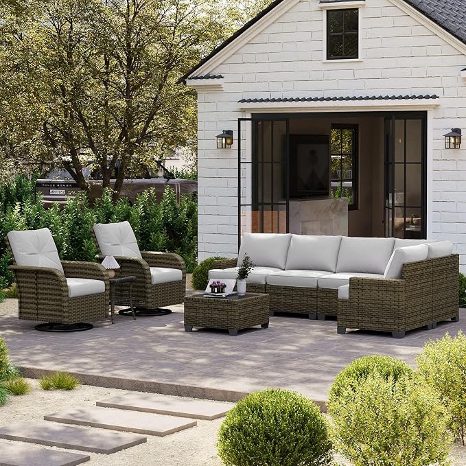 LET'S PATIO Luxury Patio Furniture Set，9 Piece Outdoor Furniture Sectional Set with Swivel Rocker Chairs of 2，All-Weather Patio Sectional Sofas with Thickened Cushions, Grey