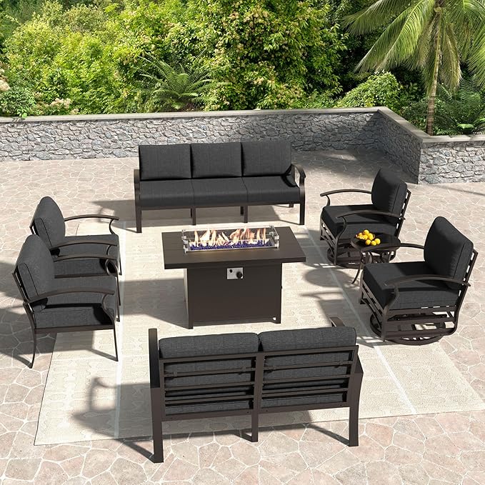 Kullavik Aluminum Patio Furniture Set,8 Pieces 9 Seat Metal Sectional Outdoor Furniture Conversation Set w/45 Propane Gas Fire Pit,Swivel Rocking Chairs Set,Black