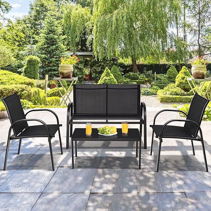 DORTALA 4 Piece Outdoor Furniture Set, Patio Conversation Set with Loveseat, 2 Single Chairs, Patio Sofa Garden Sofa Set with Steel Frame, Ideal for Balcony,Poolside, Black