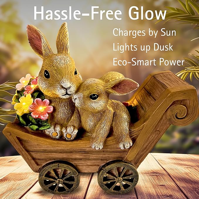 PRETMANNS Solar Garden Outdoor Statue Bunny Decor with Lights - Rabbit Lawn Ornament for Outside Yard Patio - Animal Figurines Gift for Mom Grandma - Waterproof Resin Garden Statues Outdoor - Medium