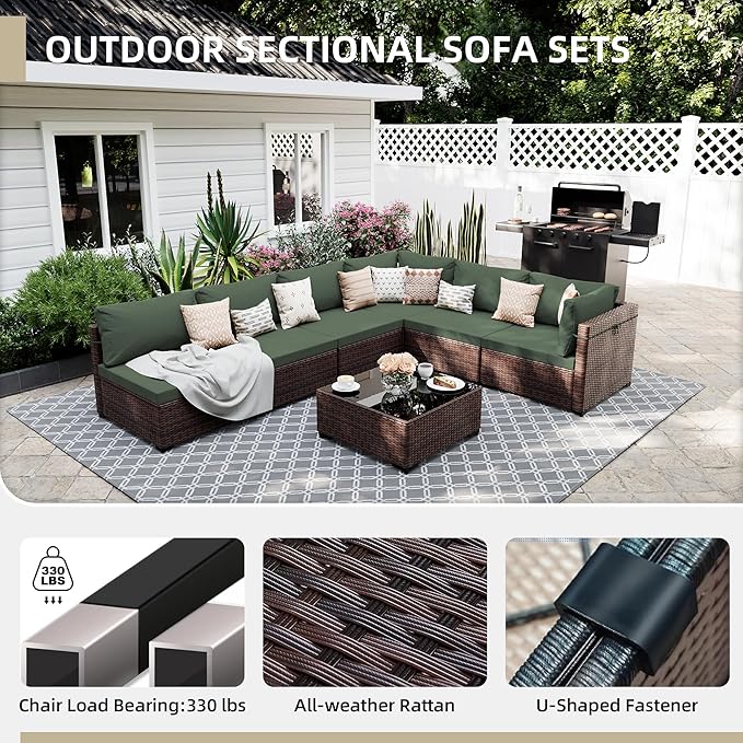 UPHA 9 Pieces Patio Furniture Sets, Wicker Outdoor Sectional Sofa Couch with Rectangle Propane Pit for Deck Backyard Garden, Brown Rattan, Pine Green Cushion