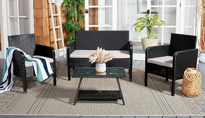 SAFAVIEH Outdoor Collection Aboka Black/Light Grey Cushion 4-Piece Conversation Patio Set