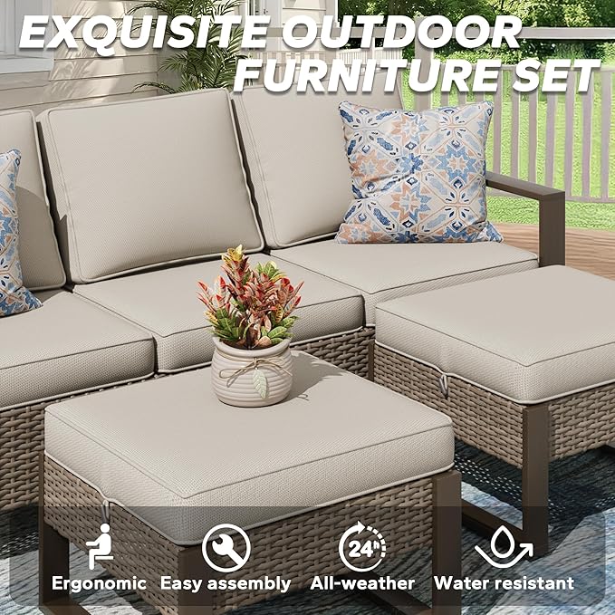 5 Pieces Metal Wicker Patio Furniture Set with 75" Sofa, Two Swivel Chairs and Two Ottomans, All Weather Rattan Outdoor Conversation Furniture with Washable Cushions for Porch, Beige