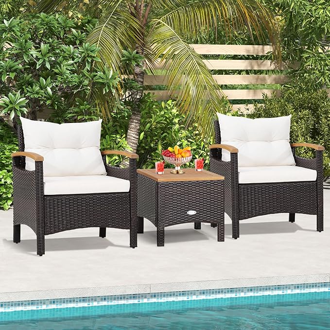 KOTEK 3 Piece Patio Furniture Set, Outdoor Conversation Set with Removable Cushions, Acacia Wood Tabletop and Armrests, PE Rattan Wicker Bistro Set for Porch, Balcony, Backyard (White), Onesize