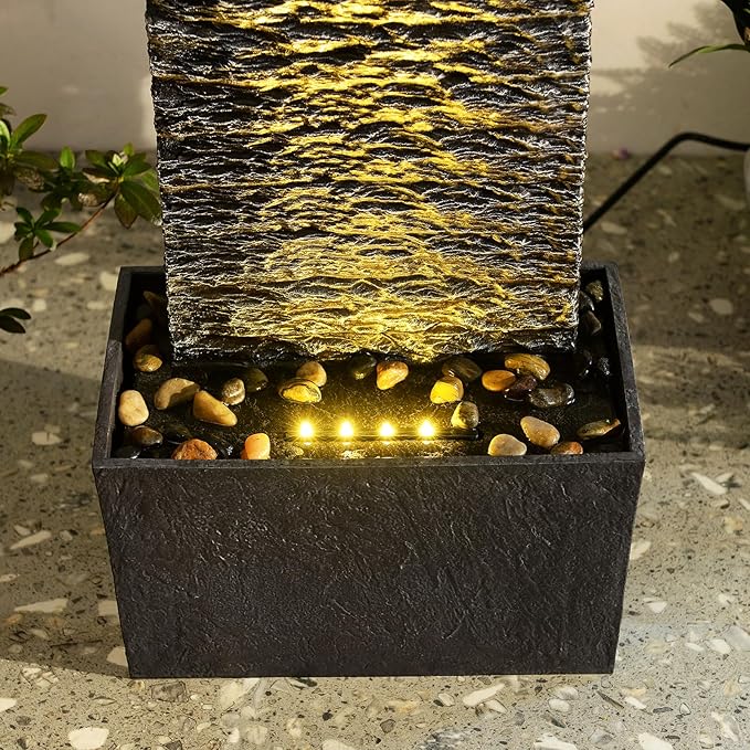 Water Fountain Outdoor, Floor Standing LED Illuminated Water Flow Elegant Water Fountain Pump 38.5" with Pebble Base for Garden, Patio and Yard (24372)
