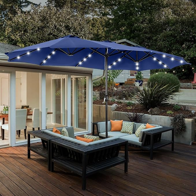 HERA'S PALACE 15ft Patio Umbrella with Base Included Double Sided Outdoor Umbrella for Patio Table Umbrella Outdoor 36 LED Solar Lights for Garden