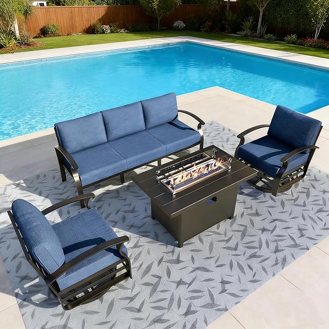 Gotland Aluminum Patio Furniture Set with Fire Pit Table, Metal Patio Furniture with 2 Swivel Rocking Chairs Waterproof 5.1'' Seat Cushions, Oversized Outdoor Sectional for Garden Balcony Porch Navy