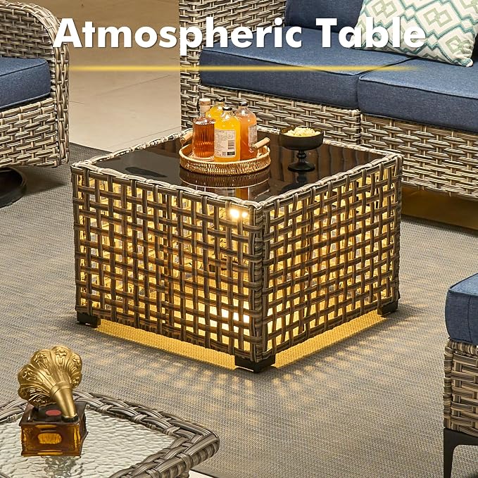 CAODOC 11-Piece Outdoor Sectional Sofa Set w/ 54" Fire Pit – L-Shaped Wicker Patio Furniture, Deep Seating & Swivel Rockers,Light Blue