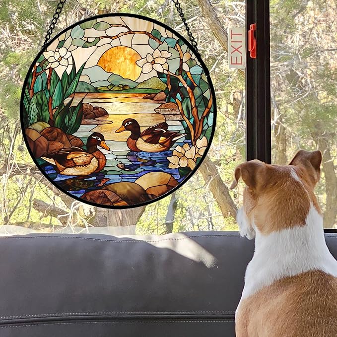 Stained Glass Window Hanging, Ducks in the Pond Sun Catcher for Door Home Decor Landscape Plant Suncatcher Christmas Mother's Day Birthday Gifts for Women Men Mom Nana 6.3 in