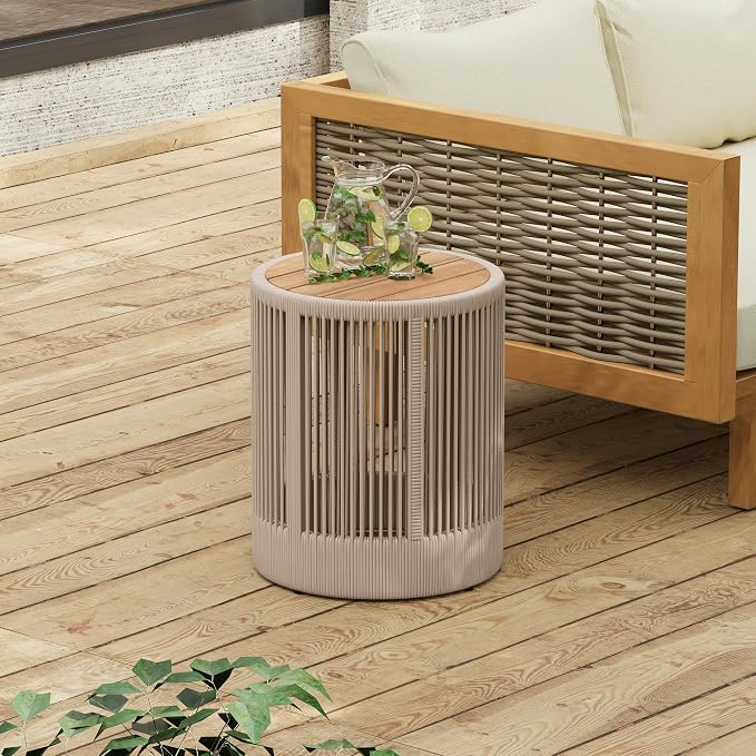LUMISOL Rattan Rope & Acacia Wood Side Table for Outdoor, Patio Furniture with Wood Top, 15" Coffee Table for Garden, Yard, Balcony, Teak+ Beige