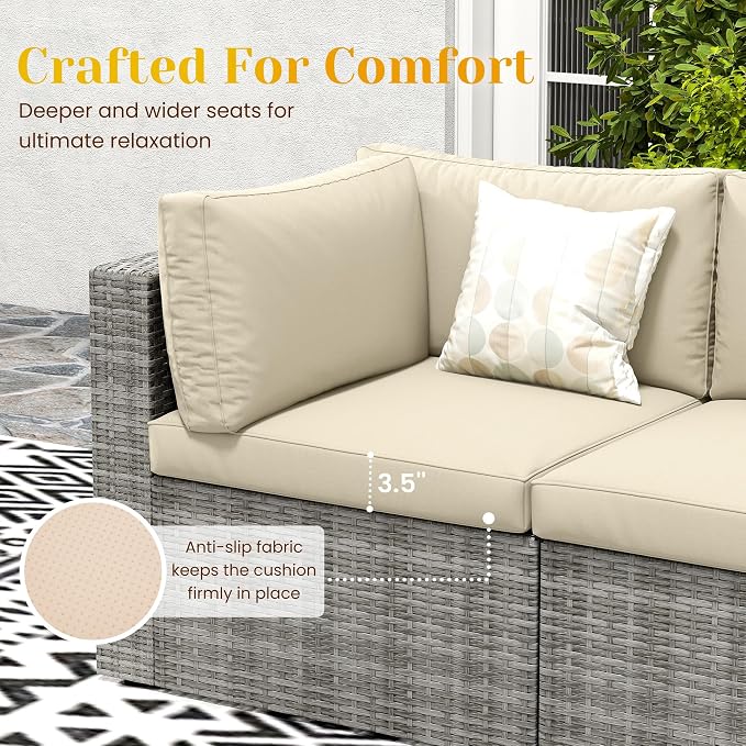 May in Color 7 Pieces Outdoor Patio Furniture Sets with Glass Tea Table, PE Rattan Wicker Patio Conversation Set with Washable Cushions, Outdoor Patio Sectional Sofa Couch, Beige
