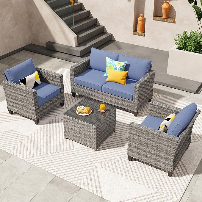 ovios 4 Pieces Patio Furniture Set, Outdoor Wicker Rattan Sofa Couch with Loveseat, Chairs, Glass Coffee Table, Conversation Sets for Yard Porch Garden, Denim Blue