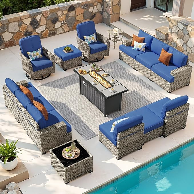 15-Piece Outdoor Sectional Sofa Set w/ 54" Fire Pit – L-Shaped Wicker Patio Furniture, Deep Seating & Swivel Rockers, Blue