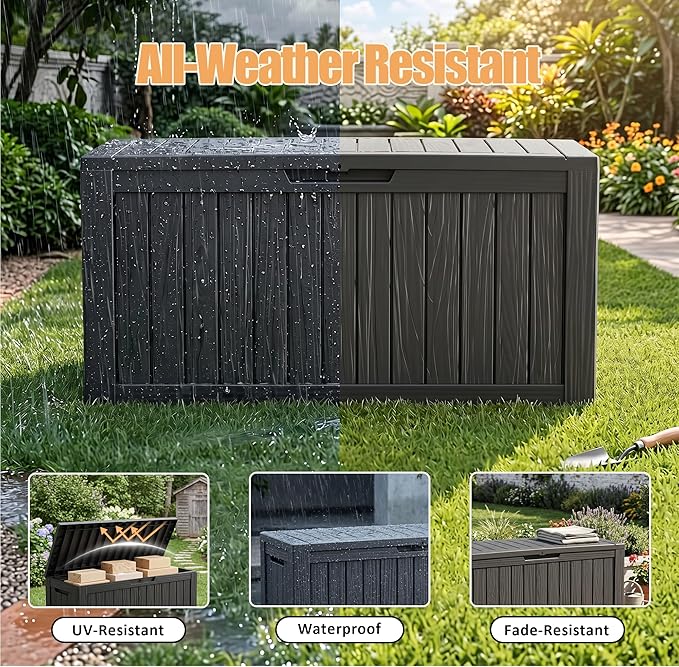 Outdoor Storage Box, 100 Gallon Resin Deck Box, Lockable Indoor Outdoor Waterproof Storage Bins With Bottom Wheels for Patio Cushions, Gardening Tools, Black