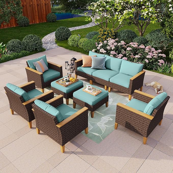 PHI VILLA 9-Piece Outdoor Wicker Furniture Set with 4-inch Thick Cushions, High Back Wicker Sofa for Deck, Yard, and Poolside in Blue (3 Seat Style)