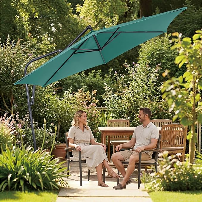 10FT Offset Patio Umbrella, Cantilever Hanging Umbrella with Infinite Tilt, Fade-Resistant Water-Repellent Canopy & Cross Base for Yard, Garden & Deck