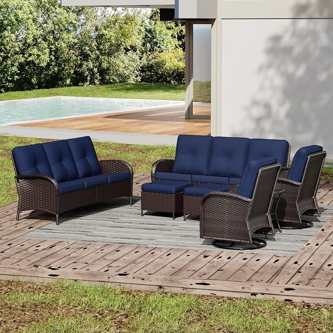 Joyside Wicker Patio Furniture Set, 7 Piece Outdoor Furniture Set with Thickened Cushions, High Back, Deep Seating, Wide Armrest, Outdoor Swivel Rocker Chairs for Porch, Deck