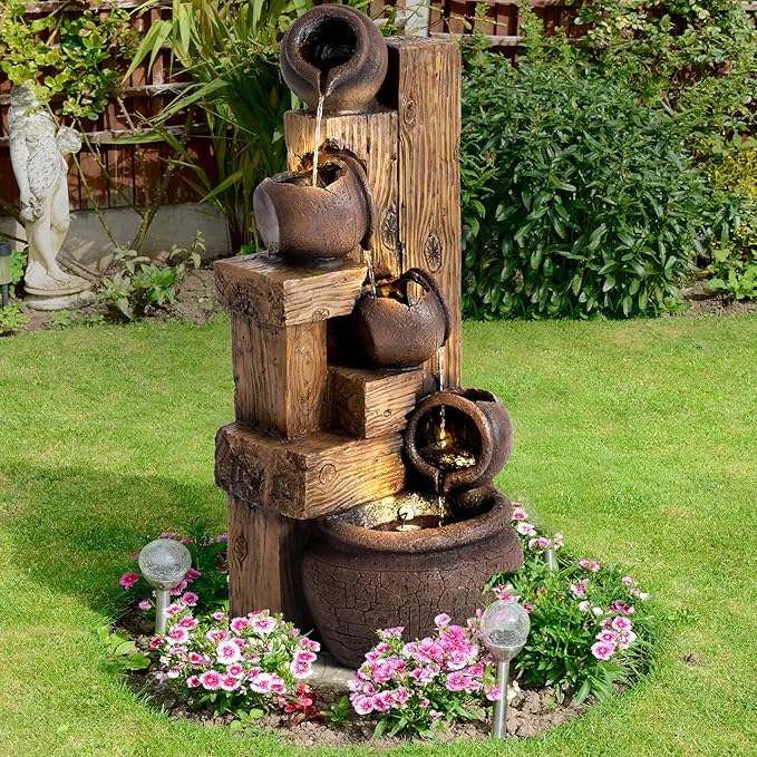 LEISU 5-Tiers Outdoor Indoor Fountains Modern Resin Floor-Standing Cascading Water Feature Fountain with LED Lights,Garden Deck Patio Porch Backyard Court (Pottery Jar + Wooden Stake Modeling)