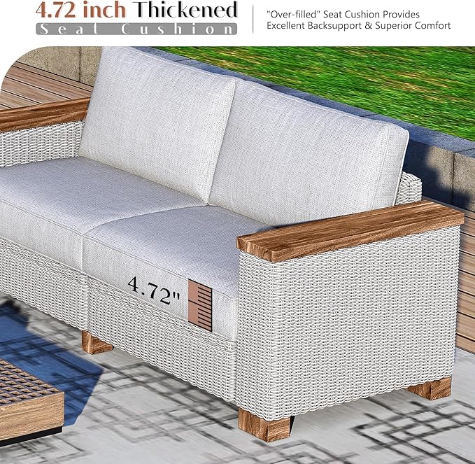 7-Piece Outdoor Patio Sofa Set, PE Wicker Furniture with 5.9" Solid Wood Armrest, Deep Seating Sectional Conversation Set with Cushions for Backyard, Deck, Porch, Poolside, Garden