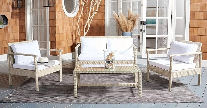 Safavieh Outdoor Collection Garnen Beige Wicker Cushion 4-Piece Living Set PAT7714B, Grey/White
