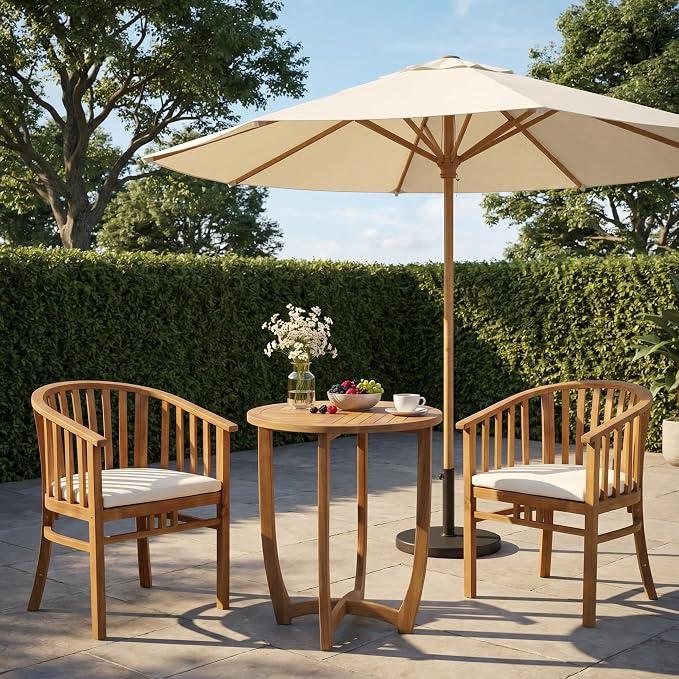 Christopher Knight Home Badaz Acacia Wood Patio Dining Set for 2, Solid Wood Outdoor Dining Table Set for 2, 3 Piece Outdoor Dining Set with Round Table and Armchair with Seat Cushion, Teak+Cream