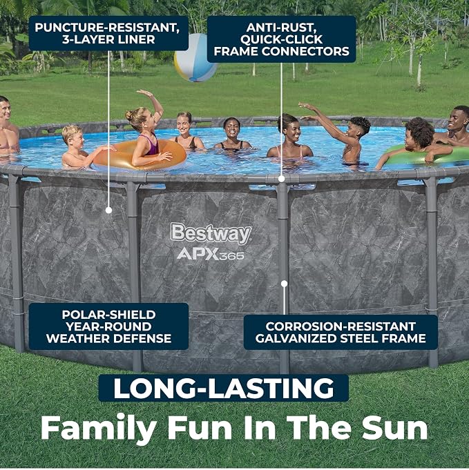 Bestway APX 365 22' x 52" Above Ground Pool, Round Metal Frame Outdoor Swimming Pool Set with Sand Filter Pump, Ladder, and Cover, Dark Marble