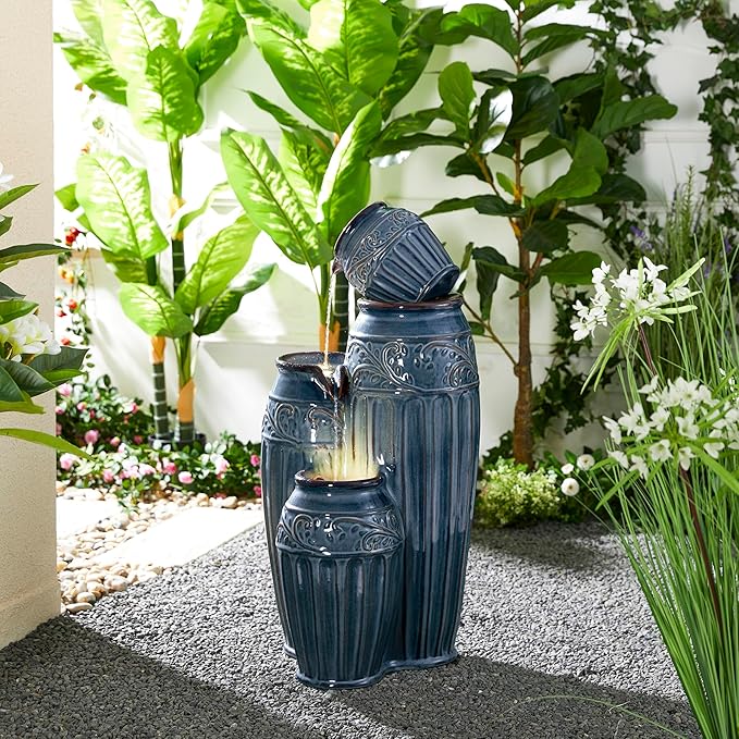 Glitzhome 35.5" H Ceramic Outdoor Water Fountain with LED Lights, Oversized 4-Tier Pots Outdoor Fountain, Turquoise Glaze, Embossed Pattern, Decorative Cascading Waterfall for Garden, Patio