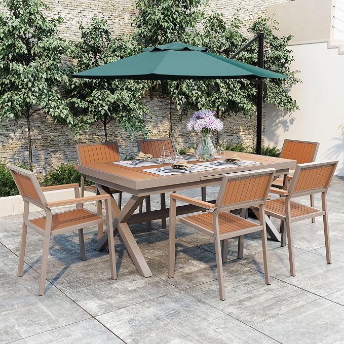 RUNNA Experience Outdoor Dining Freedom with a Flexible Set Including Six Chairs and a Table That Extends from 62.9 to 82.6 Inches for Personalized Arrangements (Camel+Natural@43)