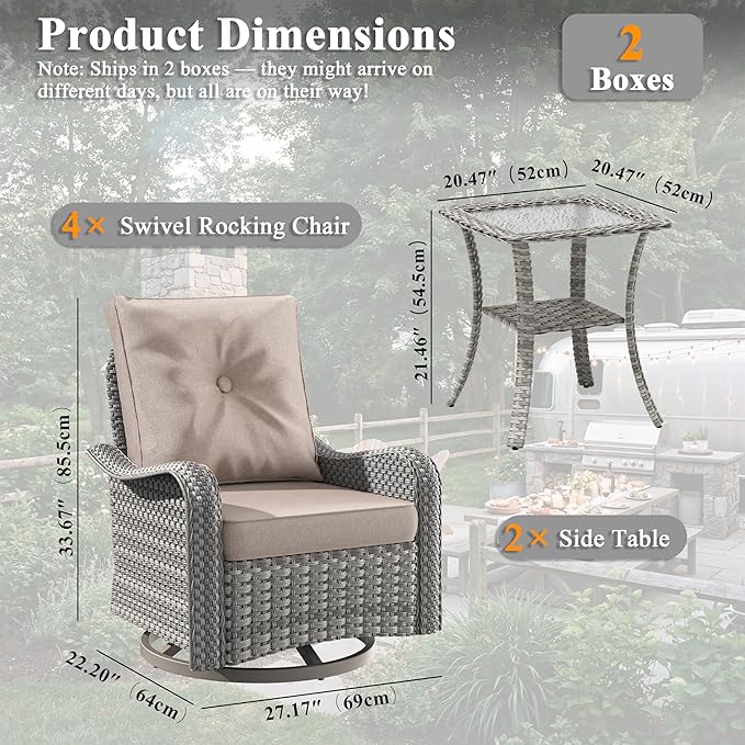 6 Piece Wicker Patio Furniture Set, Swivel Rocking Chairs with 4''Cushions, PE Rattan, Rust Resistant Frame, Double Layer Glass Side Table, for Backyard, Deck or Balcony, Beige