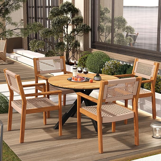 Christopher Knight Home Rlyn 5 Pieces Patio Dining Set, Rope Acacia Wood Dining Chair, Woven Armchairs, Round Wood Table for 4, Outdoor Table and Chair for Garden, Backyard, Poolside, Light Brown+Teak