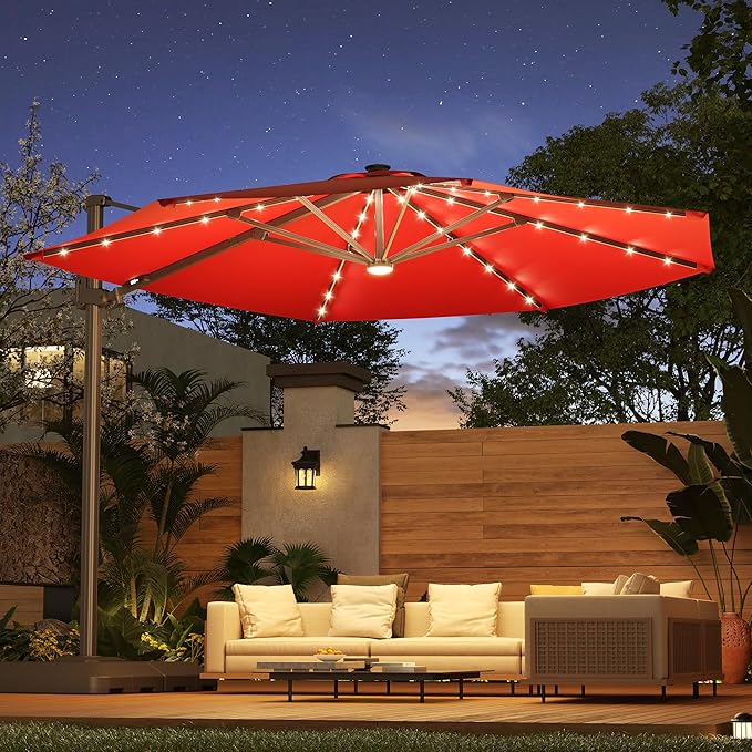 FLAME&SHADE 11ft Cantilever Patio Umbrella with Base, Round Offset Umbrella with Solar Light Strips, Large Heavy Duty Outdoor Aluminum 360° Rotation,for Deck,Pool,Backyard