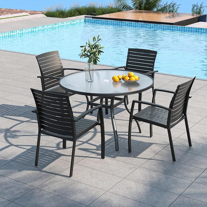 Outdoor Patio 40" Glass Table and Aluminum Chairs Dining Set 5 for 4 Person | Aluminum Frame Chairs, Resin Chair Seat, Resin Chair Back, 4 Piece Chairs, 1 Piece Black Glass Round Table