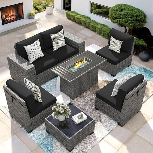 7 Piece Patio Furniture Set with Fire Pit Table, Outdoor Sectional Conversation Sets Wicker Rattan Sectional Sofa with Coffee Table for Patio Garden Backyard, 4'' Thickened Cushion Black