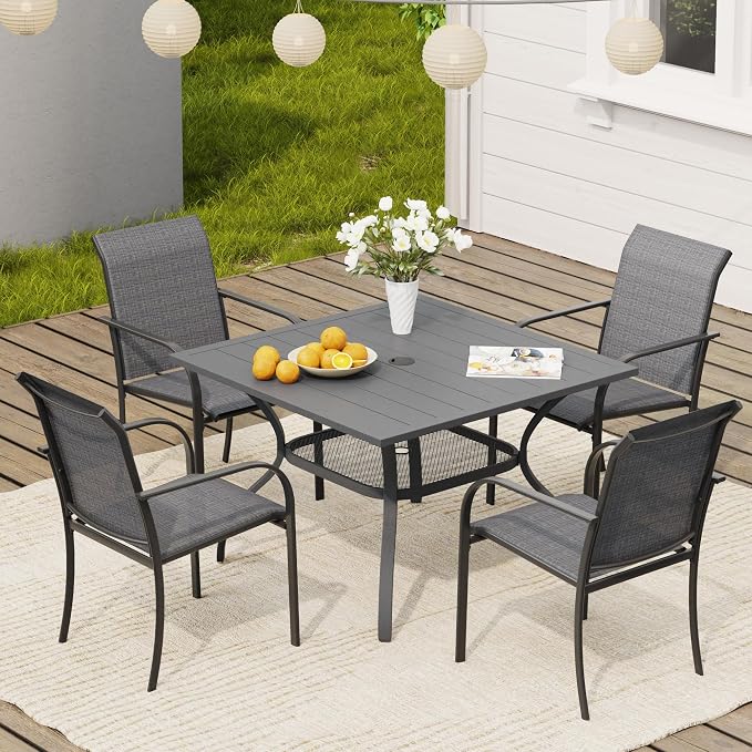 VICLLAX Outdoor Patio Dining Table for 4, Square Patio Table with Umbrella Hole for Patio Lawn Deck Backyard, Dark Grey Tabletop